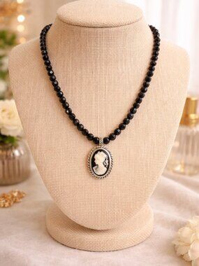 Black Cameo Necklace | Vintage Inspired Pendant Necklace | Black Beaded Necklace